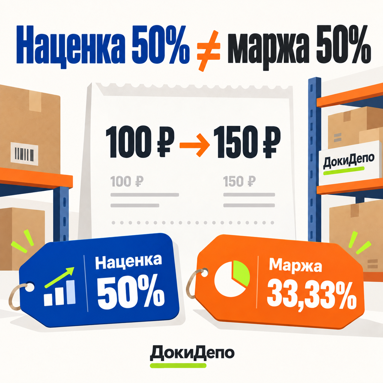 При затратах 100 рублей и цене 150 рублей наценка равна 50 процентам, а маржа — 33,33 процента.